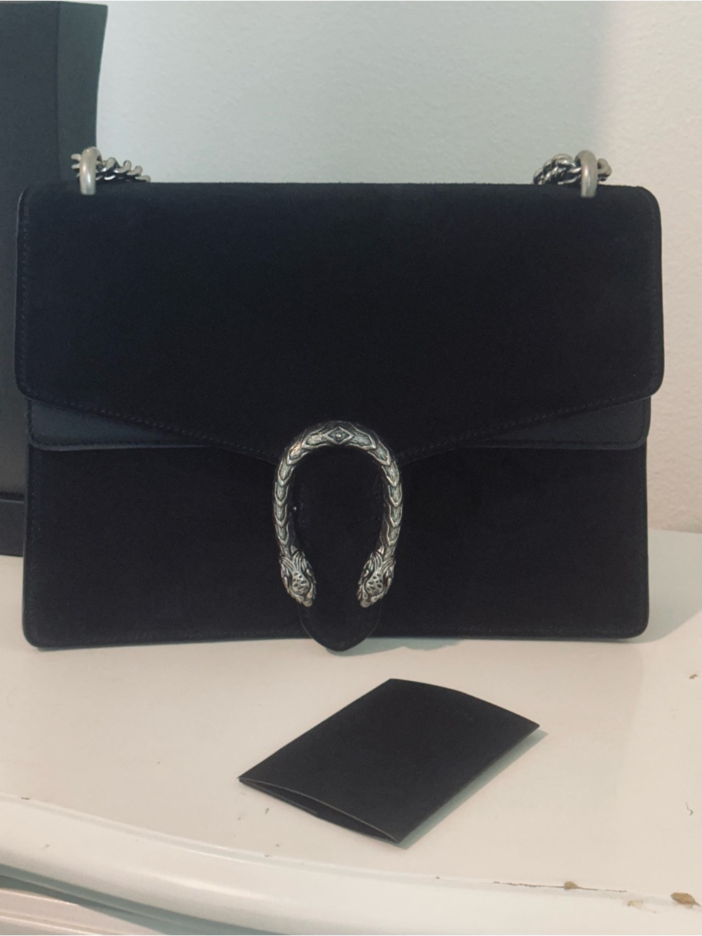Black Suede Shoulder Bag with Ornate Silver Hardware